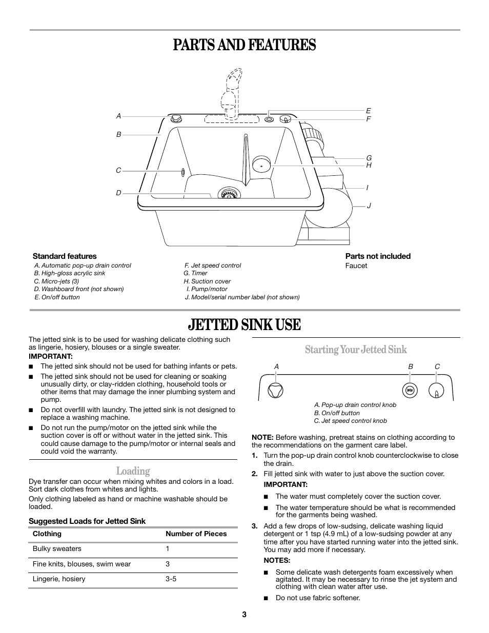 Parts and features jetted sink use, Loading, Starting your jetted sink | Whirlpool Sink User Manual | Page 3 / 6