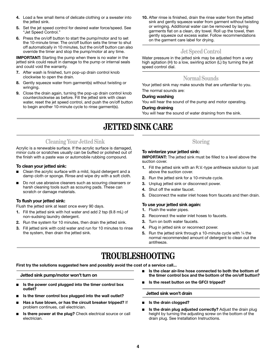 Jetted sink care, Troubleshooting, Jet speed control | Normal sounds, Cleaning your jetted sink, Storing | Whirlpool Sink User Manual | Page 4 / 6