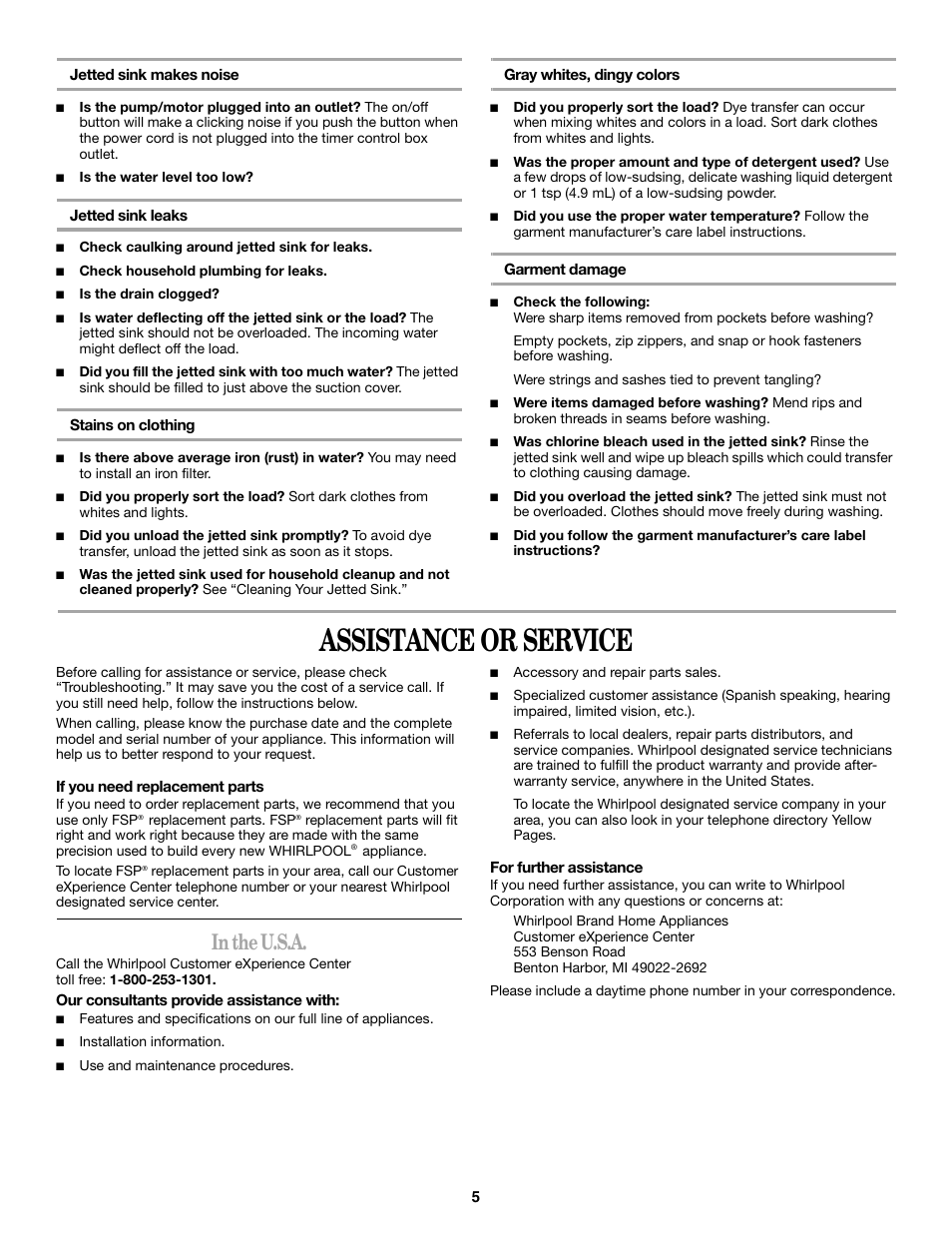 Assistance or service | Whirlpool Sink User Manual | Page 5 / 6