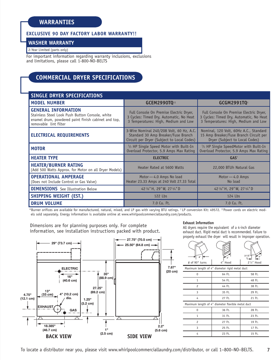 Warranties, Commercial dryer specifications, Side view back view | Single dryer specifications, Washer warranty, Exclusive 90 day factory labor warranty, Model number gcem2990tq, Gcgm2991tq, General information, Electrical requirements | Whirlpool GCAM2792TQ User Manual | Page 7 / 8