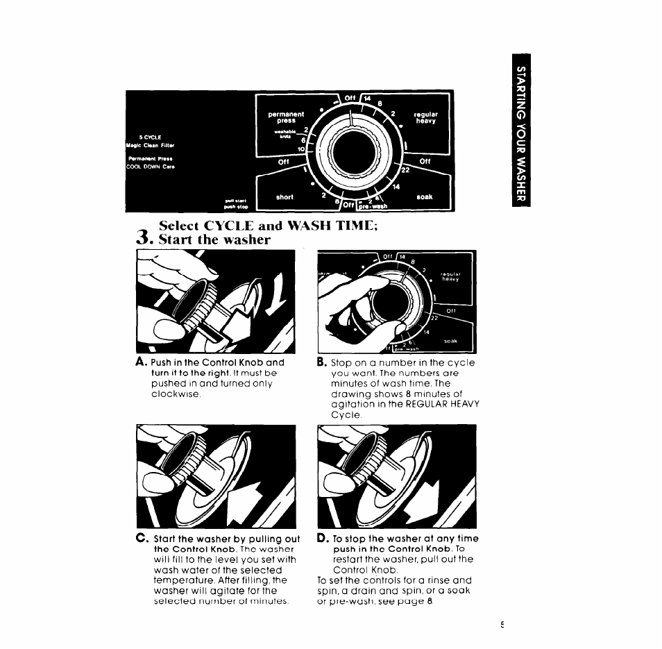 Select cycle and wash time, Start the washer | Whirlpool GLA7900XM User Manual | Page 5 / 12