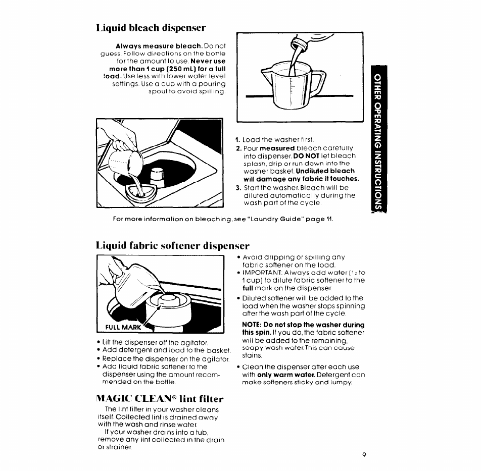 Liquid bleach di.spenser, Liquid fabric softener dispenser, Magic clean® lint filter | Whirlpool GLA7900XM User Manual | Page 9 / 12