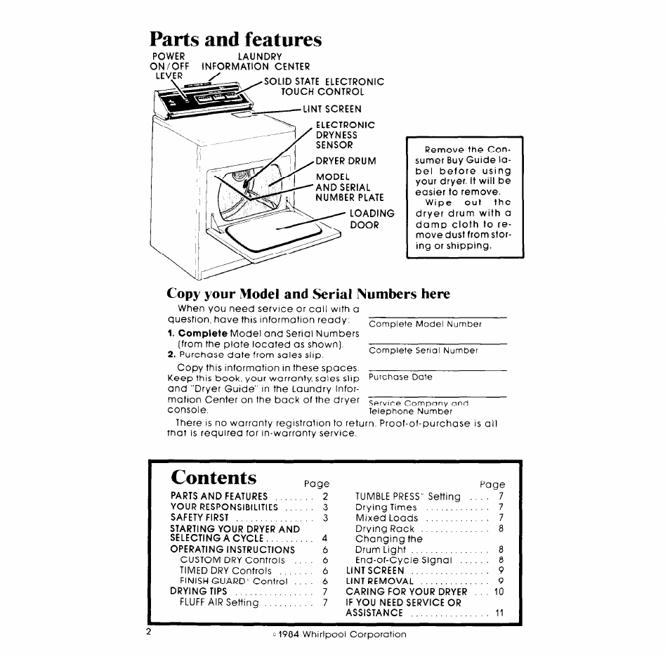 Parts and features, Copy your model and serial numbers here | Whirlpool LE9800XM User Manual | Page 2 / 12