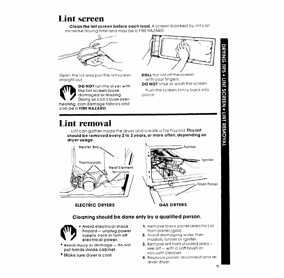 Lint screen, Lint removal | Whirlpool LE9800XM User Manual | Page 9 / 12