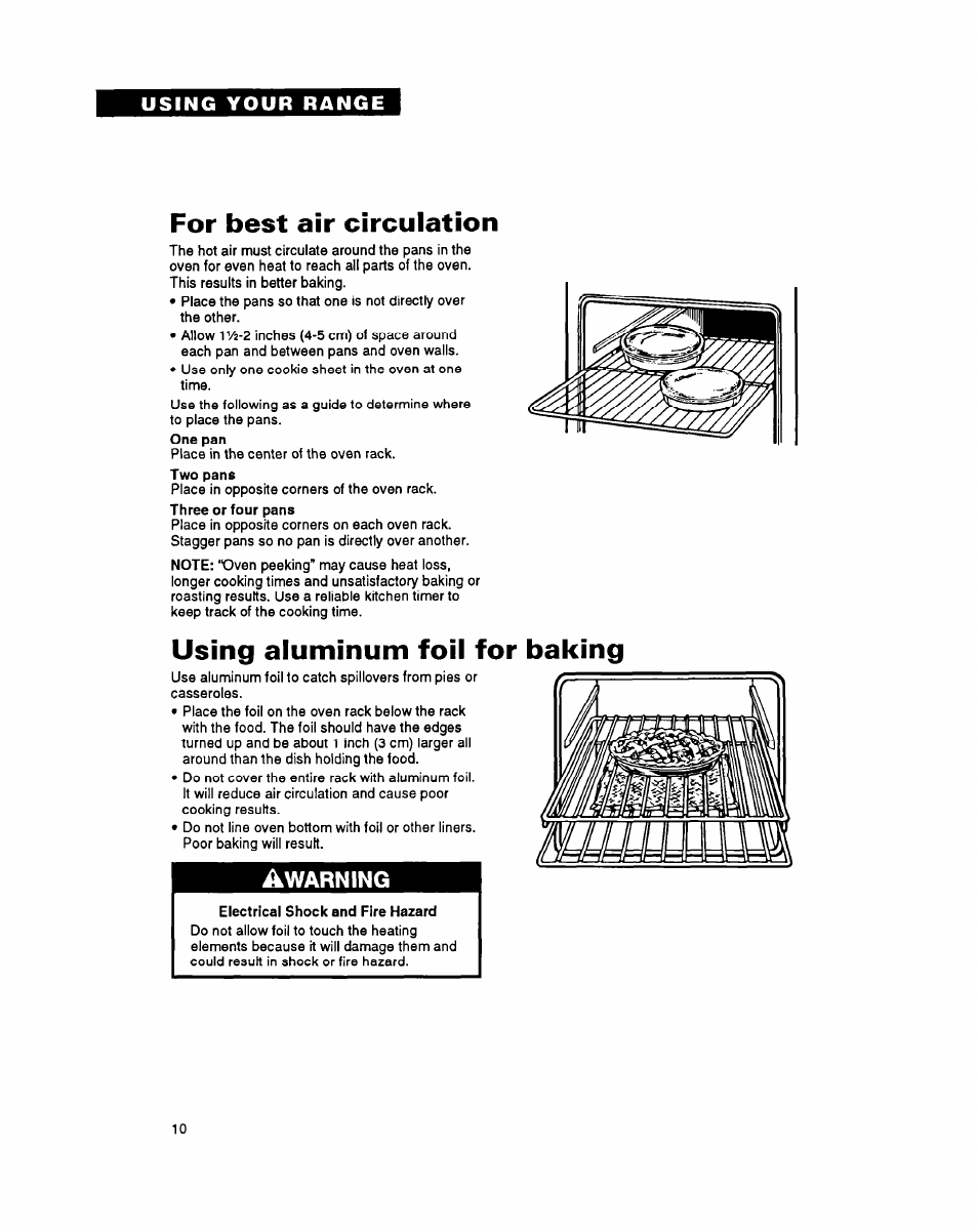 For best air circulation, Using aluminum foil for baking, Warning | Whirlpool FEP340Y User Manual | Page 10 / 28