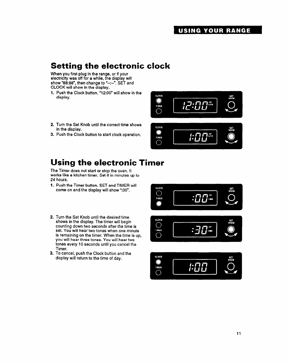 Setting the electronic clock, Using the electronic timer, T-uu | Whirlpool FEP340Y User Manual | Page 11 / 28