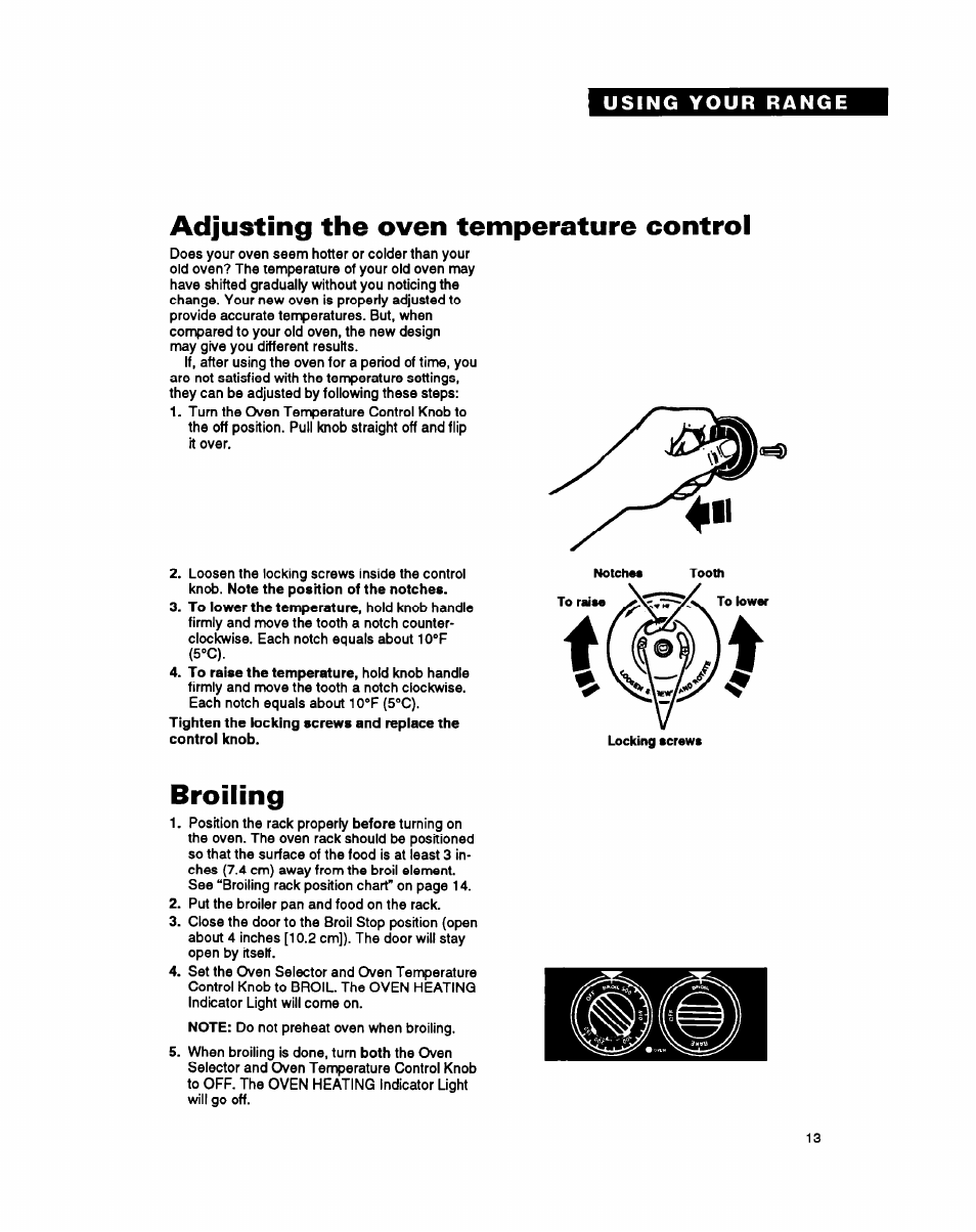 Adjusting the oven temperature control, Broiling | Whirlpool FEP340Y User Manual | Page 13 / 28