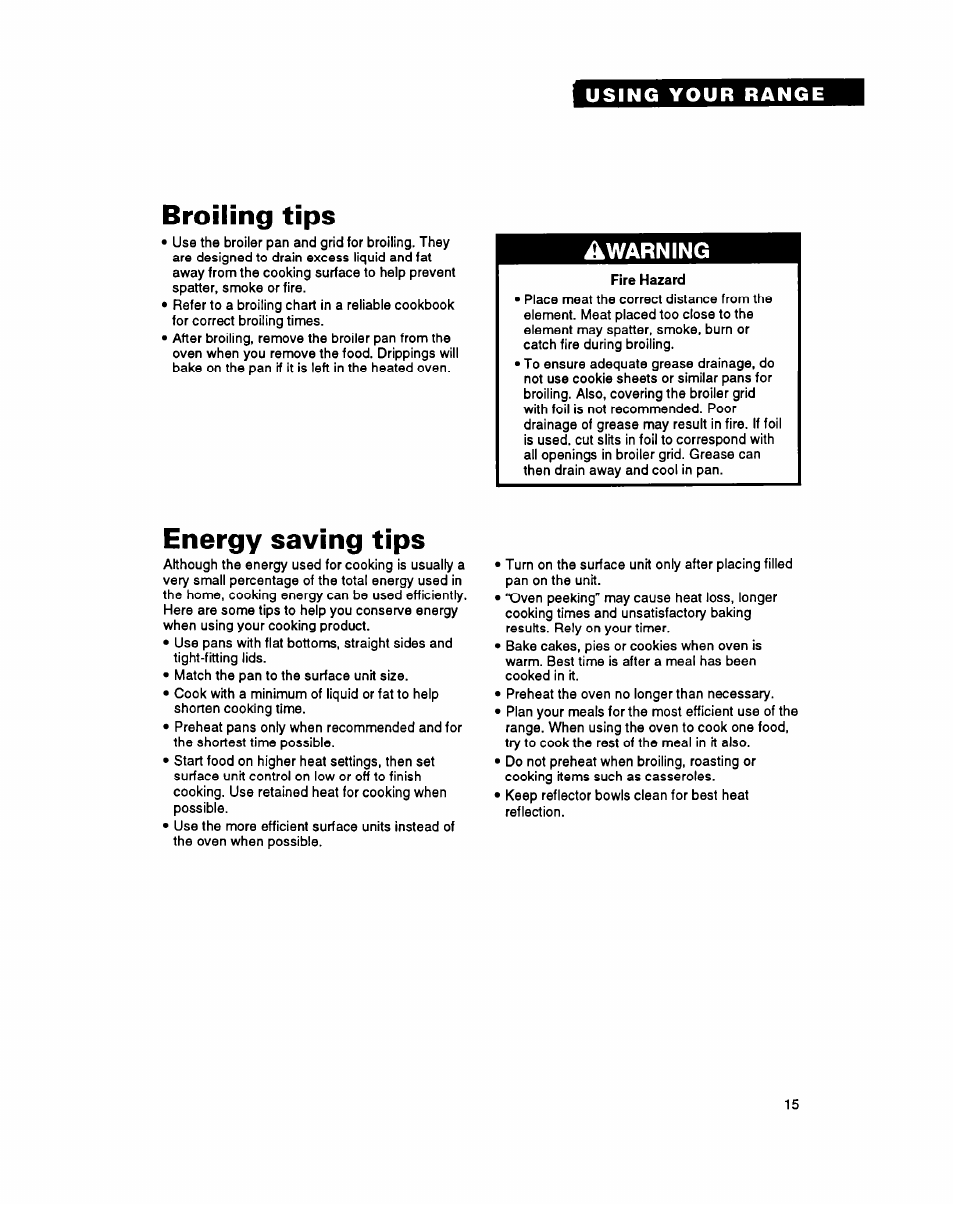 Broiling tips, Energy saving tips, Warning | Whirlpool FEP340Y User Manual | Page 15 / 28