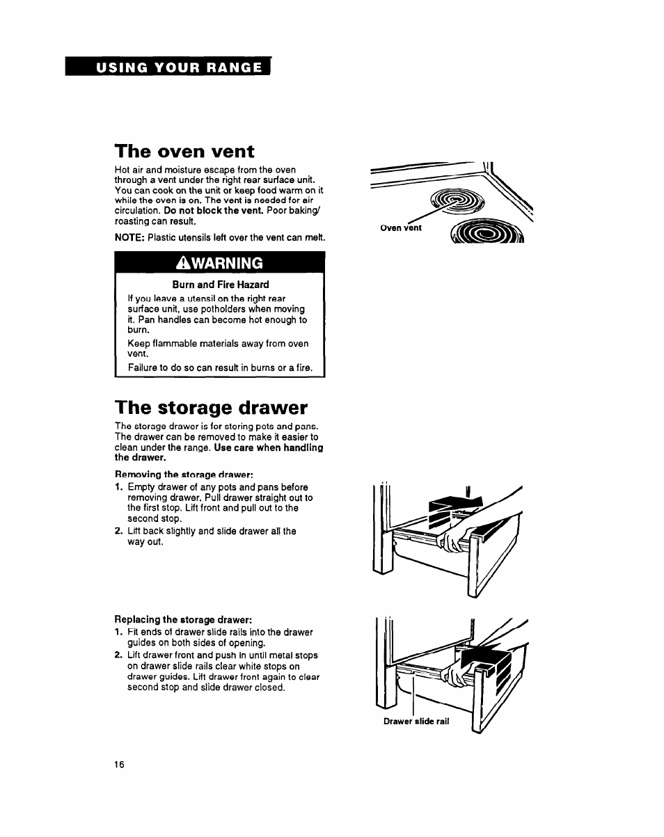 The oven vent, The storage drawer, Warning | Whirlpool FEP340Y User Manual | Page 16 / 28