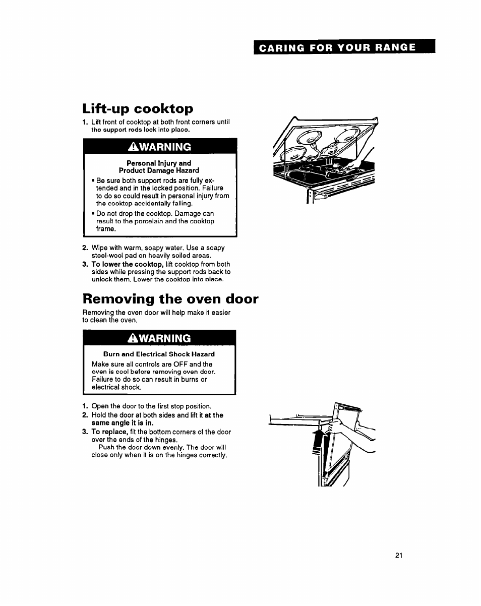 Lift-up cooktop, Removing the oven door, Warning | Whirlpool FEP340Y User Manual | Page 21 / 28