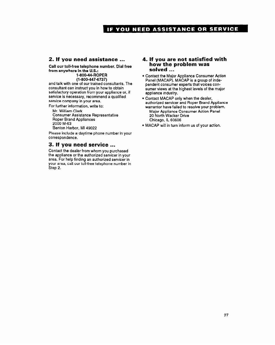 If you need assistance, If you need service | Whirlpool FEP340Y User Manual | Page 27 / 28