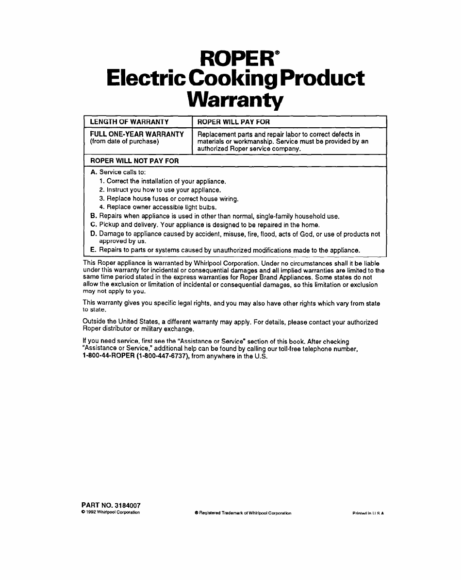 Roper, Electric cooking product, Warranty | Roper* electric cooking product warranty | Whirlpool FEP340Y User Manual | Page 28 / 28