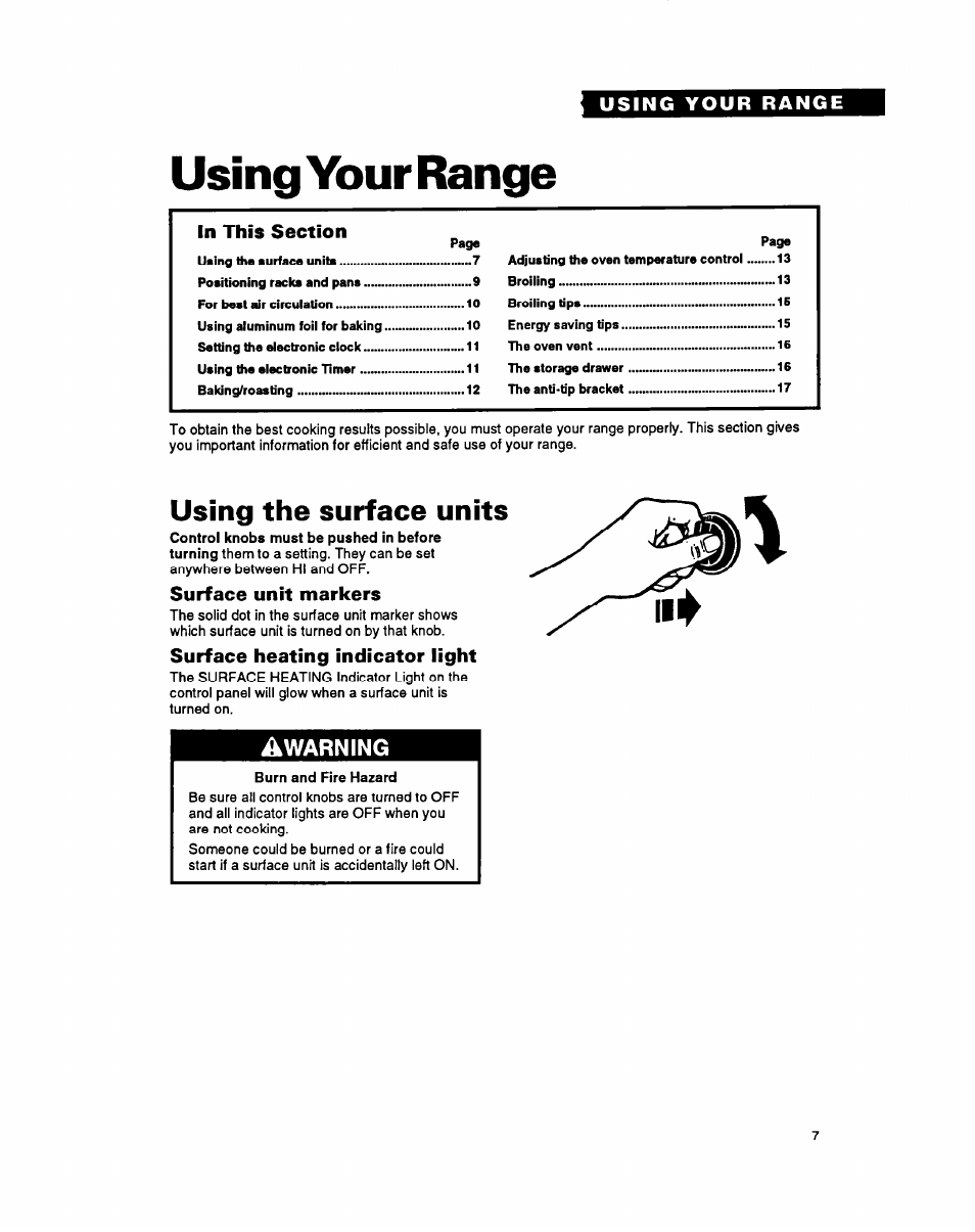 Using your range, Using the surface units, Surface unit markers | Surface heating indicator light | Whirlpool FEP340Y User Manual | Page 7 / 28