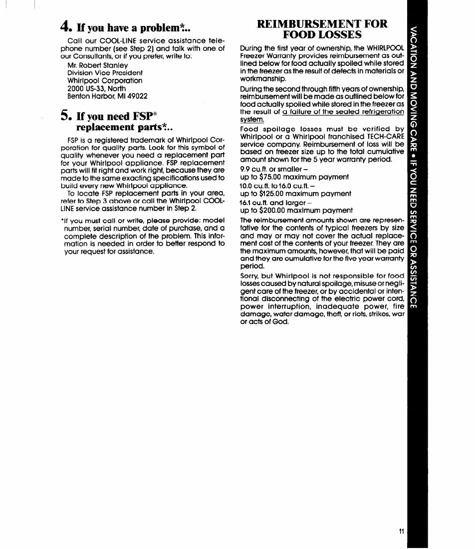 If you have a problem, K you need fsp® replacement paits, Reimbursement for food losses | Whirlpool EV130N User Manual | Page 11 / 12