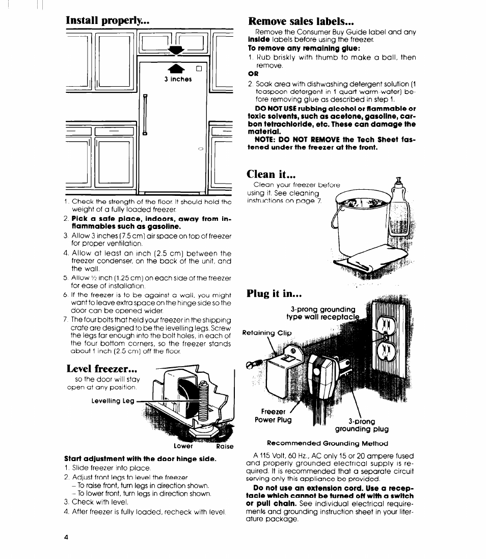 Install properly, Level freezer, Remove sales labels | Plug it in | Whirlpool EV130N User Manual | Page 4 / 12