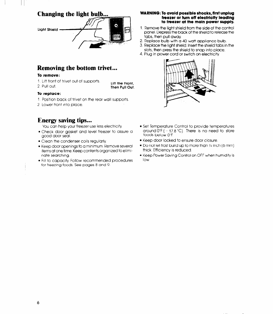 Changing the light bulb, Removing the bottom trivet, Energy saving tips | Changing the light bulb removing the bottom trivet | Whirlpool EV130N User Manual | Page 6 / 12