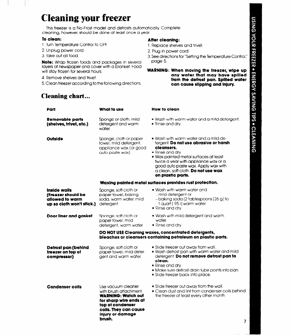 Cleaning your freezer, Cleaning chart | Whirlpool EV130N User Manual | Page 7 / 12