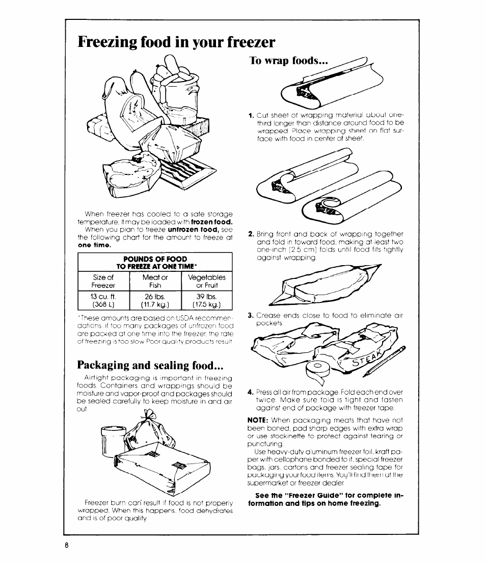 Packaging and sealing food, To wrap foods, Packaging and sealing food to wrap foods | Freezing food in your freezer | Whirlpool EV130N User Manual | Page 8 / 12