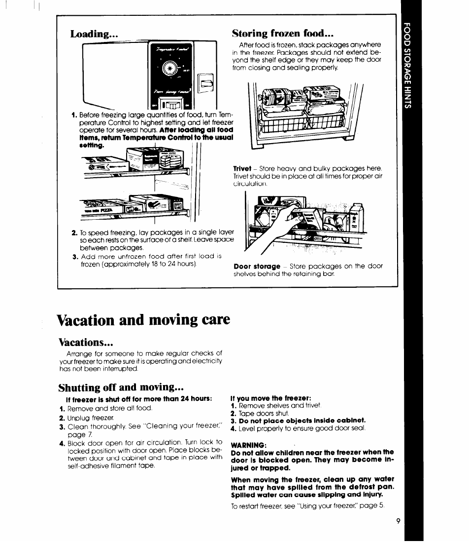 Loading, Storing frozen food, Vacation and moving care | Vacations, Shutting off and moving, Loading storing frozen food, Vacations shutting off and moving, Bfralh, Loading... storing frozen food | Whirlpool EV130N User Manual | Page 9 / 12
