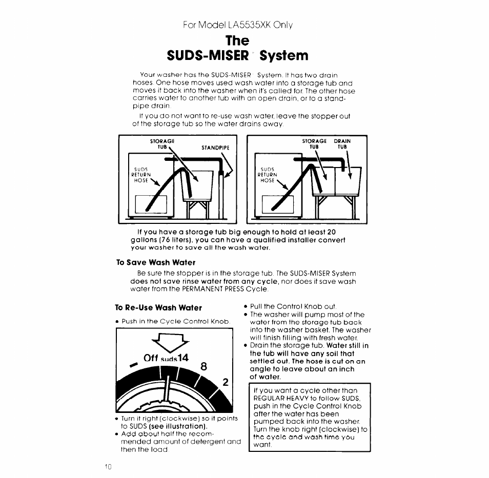 Suds-miser system, To save wash water, The suds-miser system | For model la5535xk only | Whirlpool LA5530XK User Manual | Page 10 / 12