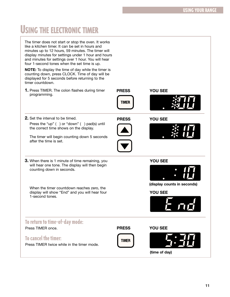 Using the electronic timer, Sing the electronic timer, Using your range | Whirlpool FGP337G User Manual | Page 11 / 27