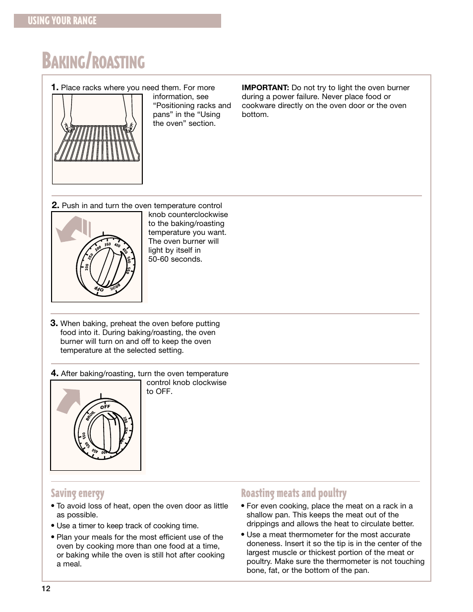 Baking/roasting, Aking, Roasting | Roasting meats and poultry, Saving energy, Using your range | Whirlpool FGP337G User Manual | Page 12 / 27