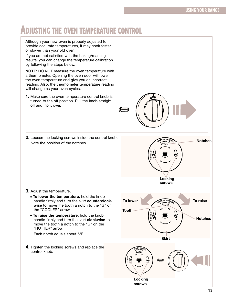 Adjusting the oven temperature control, Djusting the oven temperature control, Using your range | Whirlpool FGP337G User Manual | Page 13 / 27