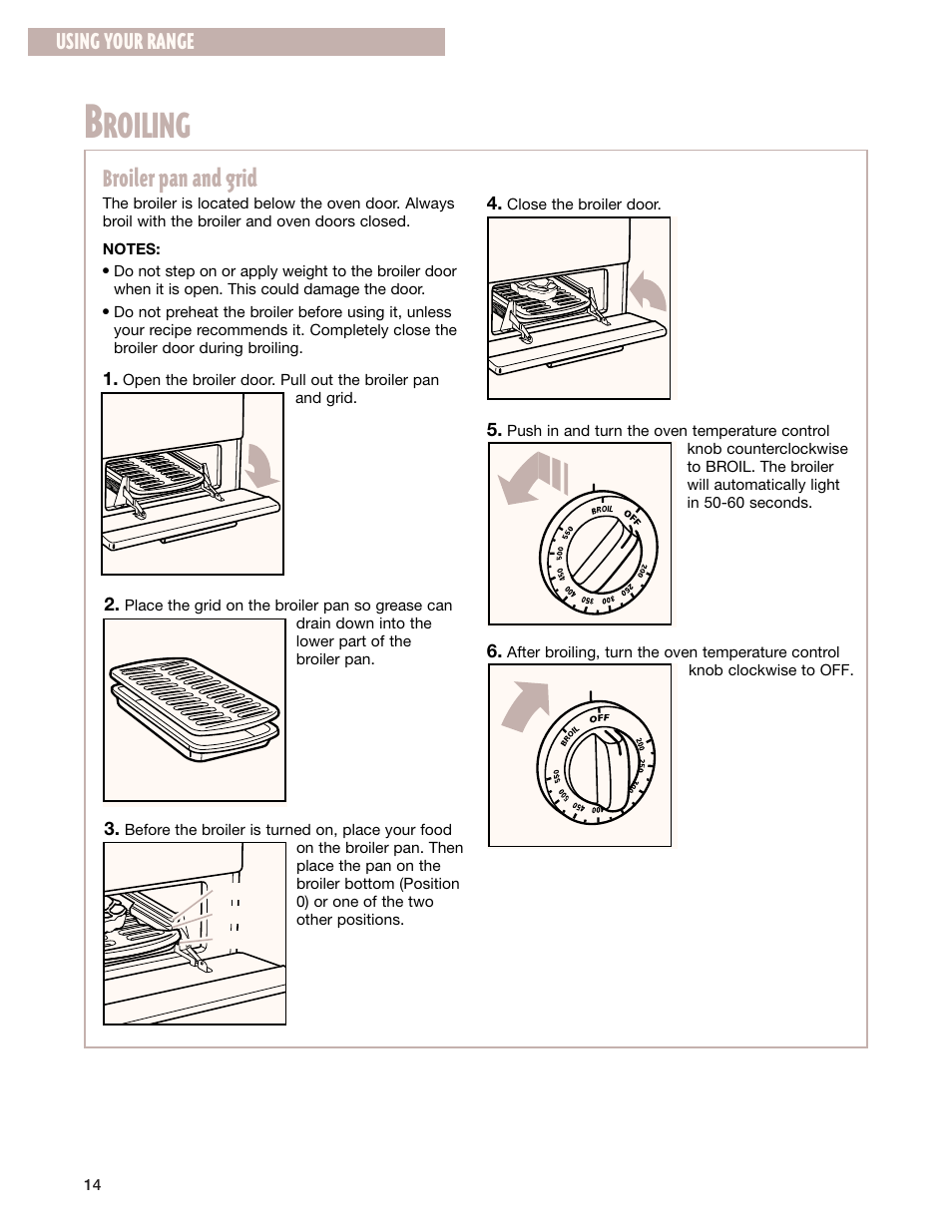 Broiling, Roiling, Broiler pan and grid | Using your range | Whirlpool FGP337G User Manual | Page 14 / 27
