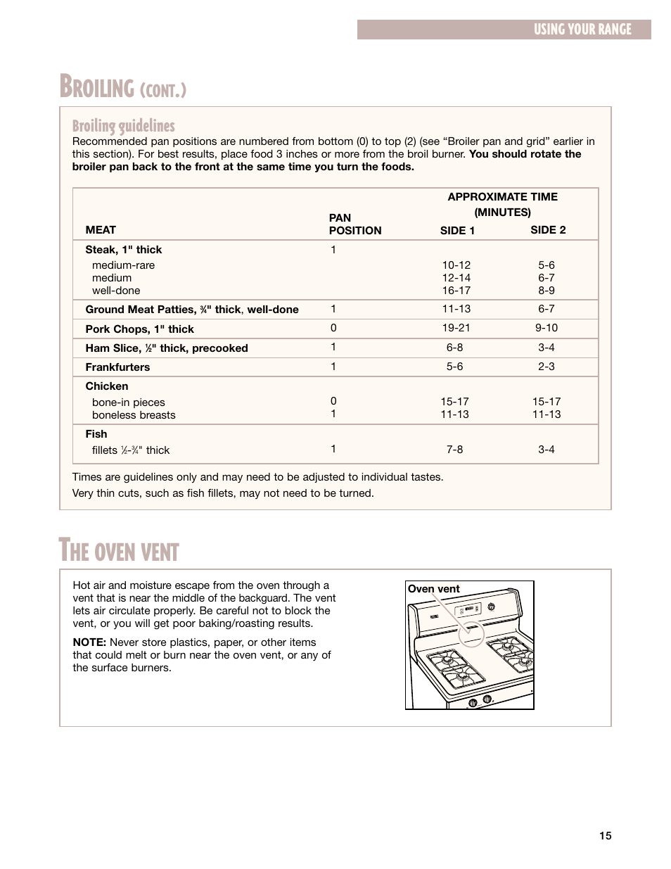 The oven vent, Roiling, He oven vent | Cont, Broiling guidelines, Using your range | Whirlpool FGP337G User Manual | Page 15 / 27
