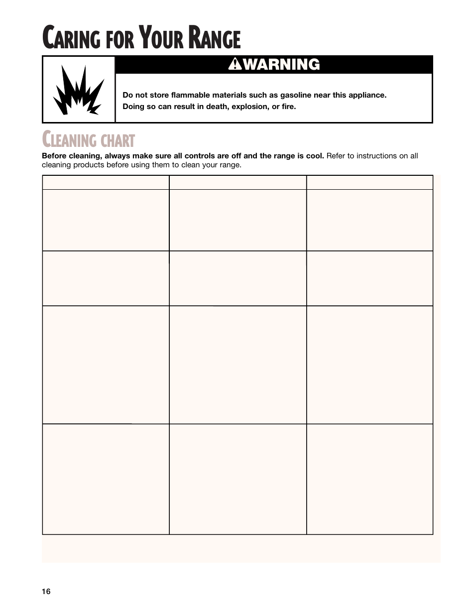 Caring for yourrange, Cleaning chart, Aring for | Ange, Leaning chart, Wwarning | Whirlpool FGP337G User Manual | Page 16 / 27