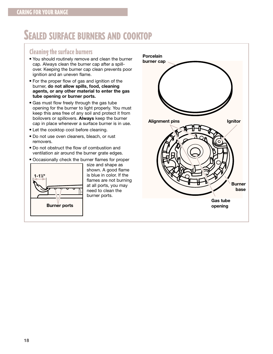 Sealed surface burners and cooktop, Ealed surface burners and cooktop, Cleaning the surface burners | Caring for your range | Whirlpool FGP337G User Manual | Page 18 / 27