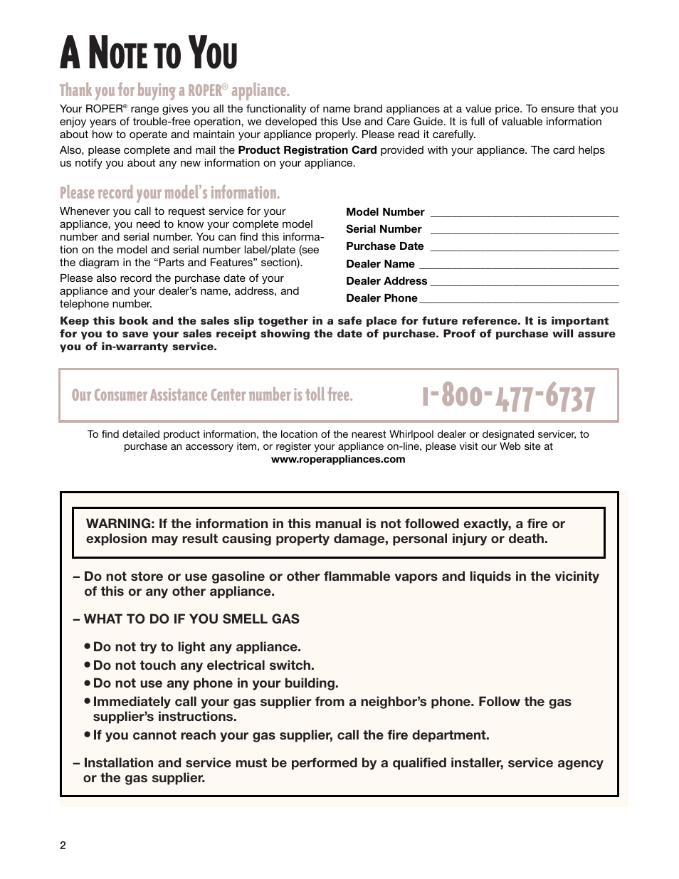 A note to you, Ote to, Appliance | Please record your model’s information, Our consumer assistance center number is toll free | Whirlpool FGP337G User Manual | Page 2 / 27