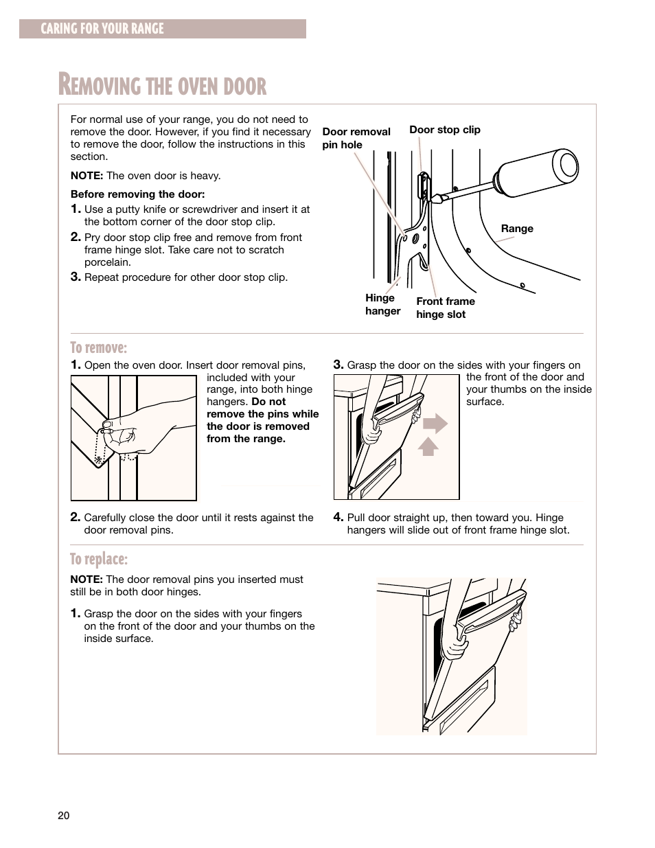 Removing the oven door, Emoving the oven door, Caring for your range | Whirlpool FGP337G User Manual | Page 20 / 27