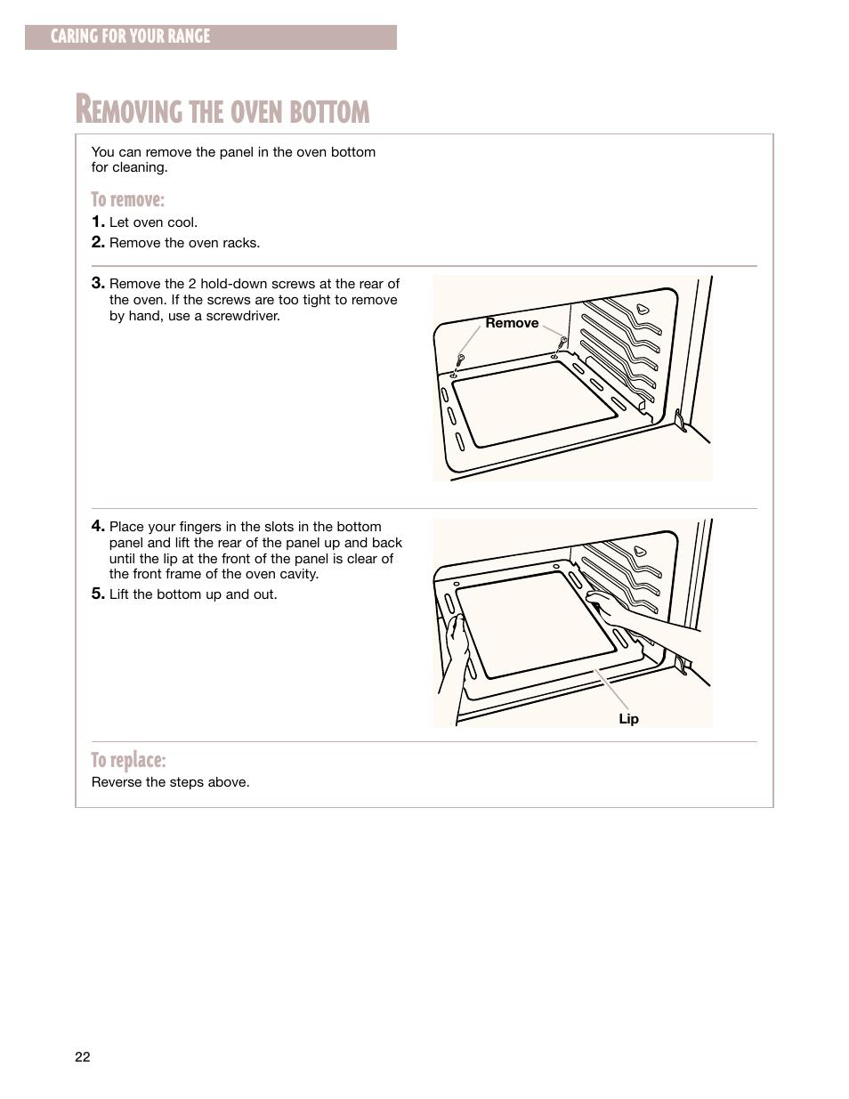 Removing the oven bottom, Emoving the oven bottom, Caring for your range | Whirlpool FGP337G User Manual | Page 22 / 27