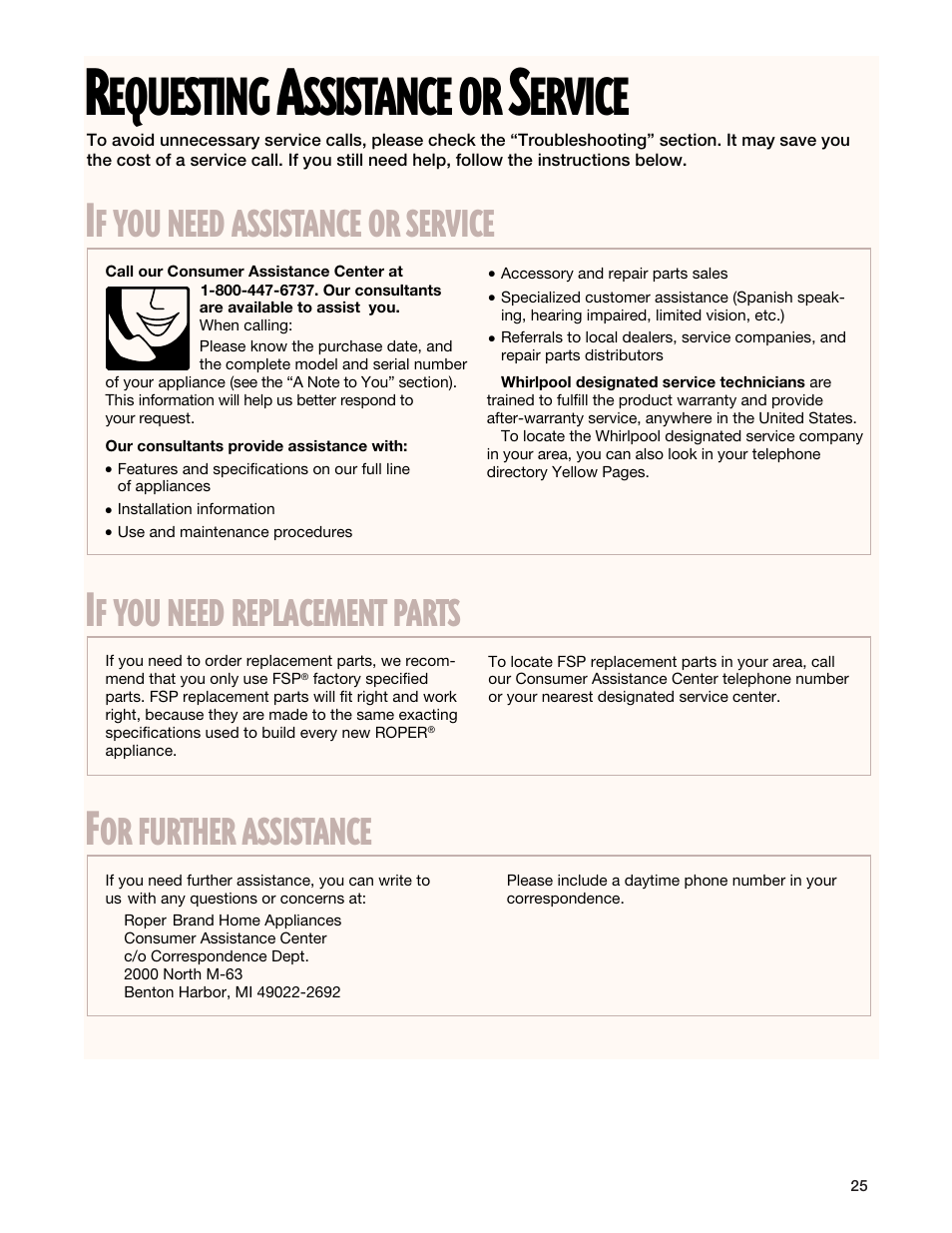 Requesting assistance or service, Equesting, Ssistance | Ervice, Need, Replacement, Parts, Assistance, Service, Further | Whirlpool FGP337G User Manual | Page 25 / 27