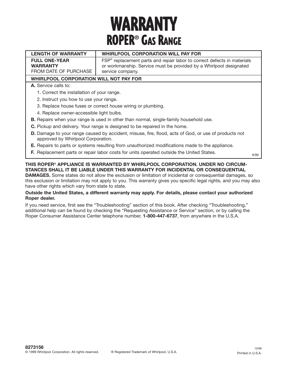 Warranty, Roper, Ange | Whirlpool FGP337G User Manual | Page 27 / 27