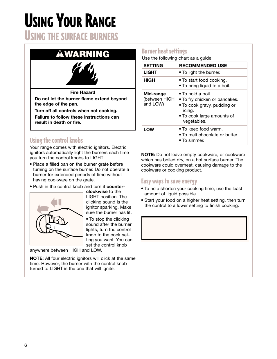 Using your range, Using the surface burners, Sing | Ange, Sing the surface burners, Wwarning | Whirlpool FGP337G User Manual | Page 6 / 27