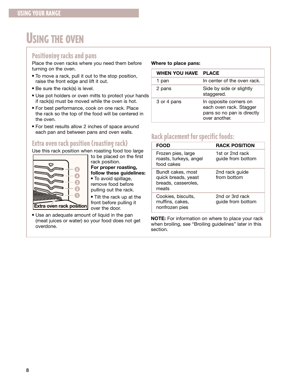 Using the oven, Sing the oven, Positioning racks and pans | Extra oven rack position (roasting rack), Rack placement for specific foods, Using your range | Whirlpool FGP337G User Manual | Page 8 / 27