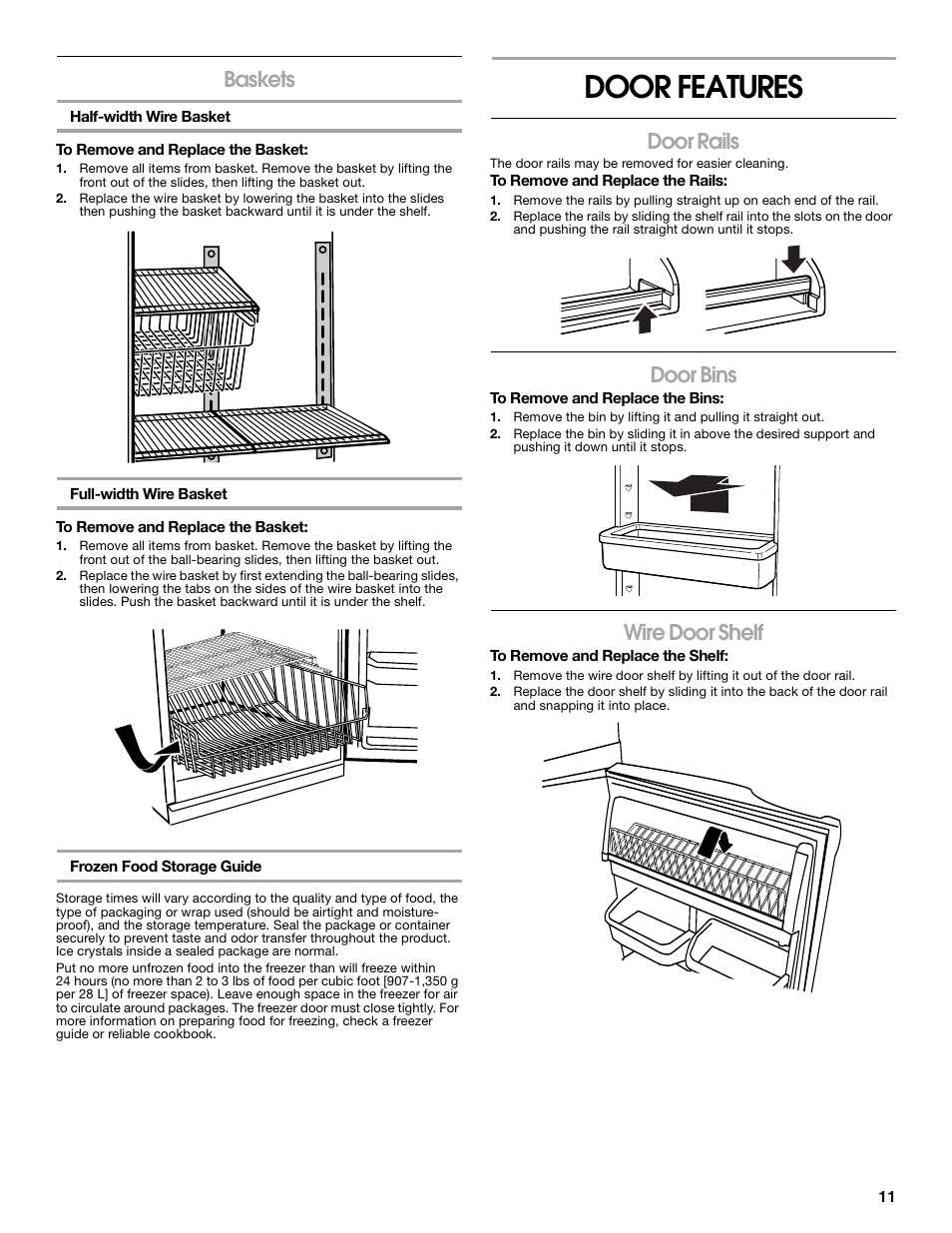 Door features, Baskets, Door rails | Door bins, Wire door shelf | Whirlpool ator 2314466 User Manual | Page 11 / 48