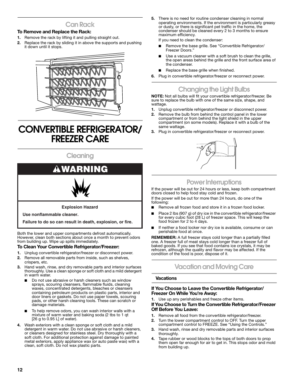 Convertible refrigerator/ freezer care, Warning, Can rack | Cleaning, Changing the light bulbs, Power interruptions, Vacation and moving care | Whirlpool ator 2314466 User Manual | Page 12 / 48
