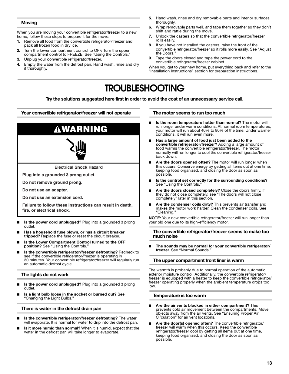 Troubleshooting, Warning | Whirlpool ator 2314466 User Manual | Page 13 / 48