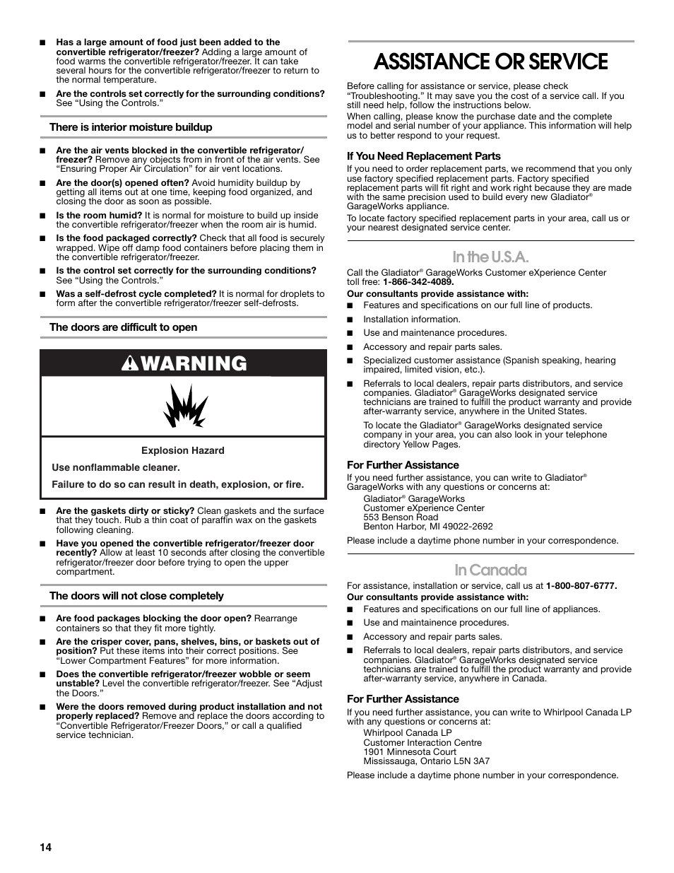 Assistance or service, Warning | Whirlpool ator 2314466 User Manual | Page 14 / 48