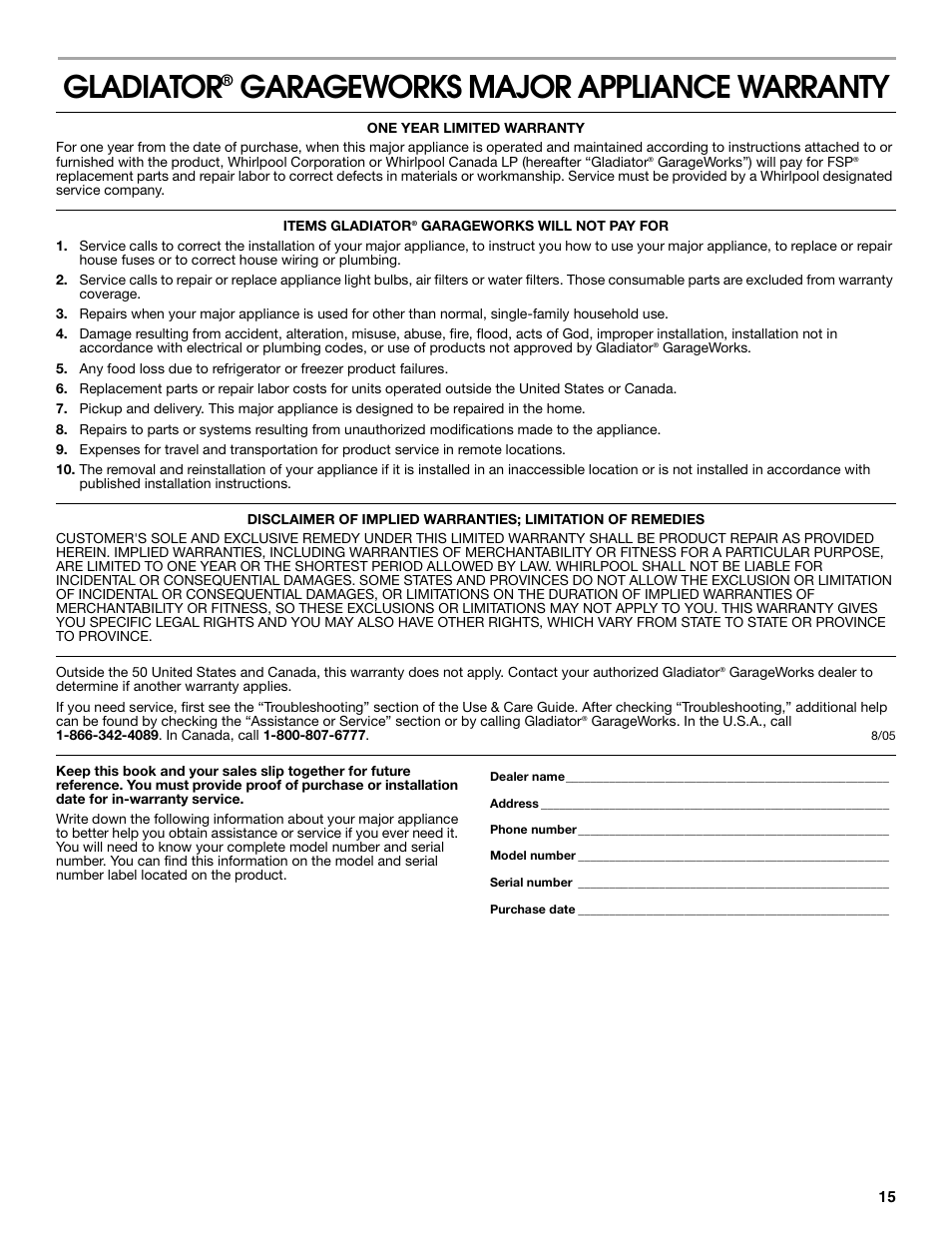 Gladiator, Garageworks major appliance warranty | Whirlpool ator 2314466 User Manual | Page 15 / 48