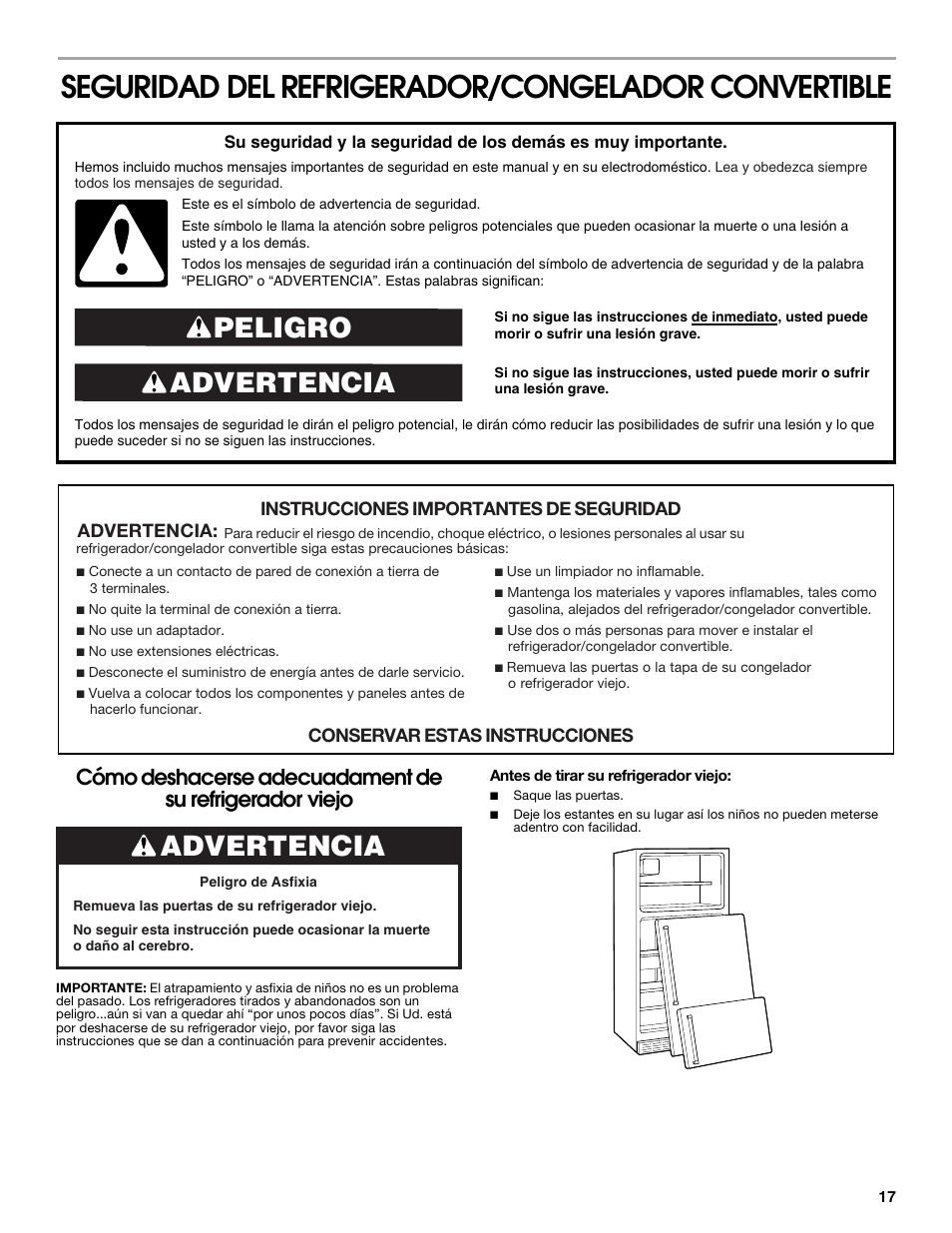 Seguridad del refrigerador/congelador convertible, Advertencia peligro, Advertencia | Whirlpool ator 2314466 User Manual | Page 17 / 48