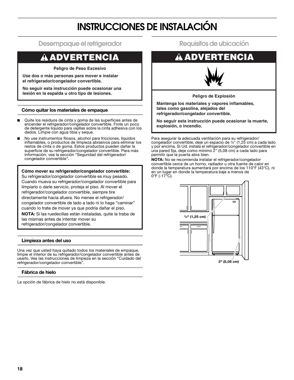 Instrucciones de instalación, Advertencia, Desempaque el refrigerador | Requisitos de ubicación | Whirlpool ator 2314466 User Manual | Page 18 / 48