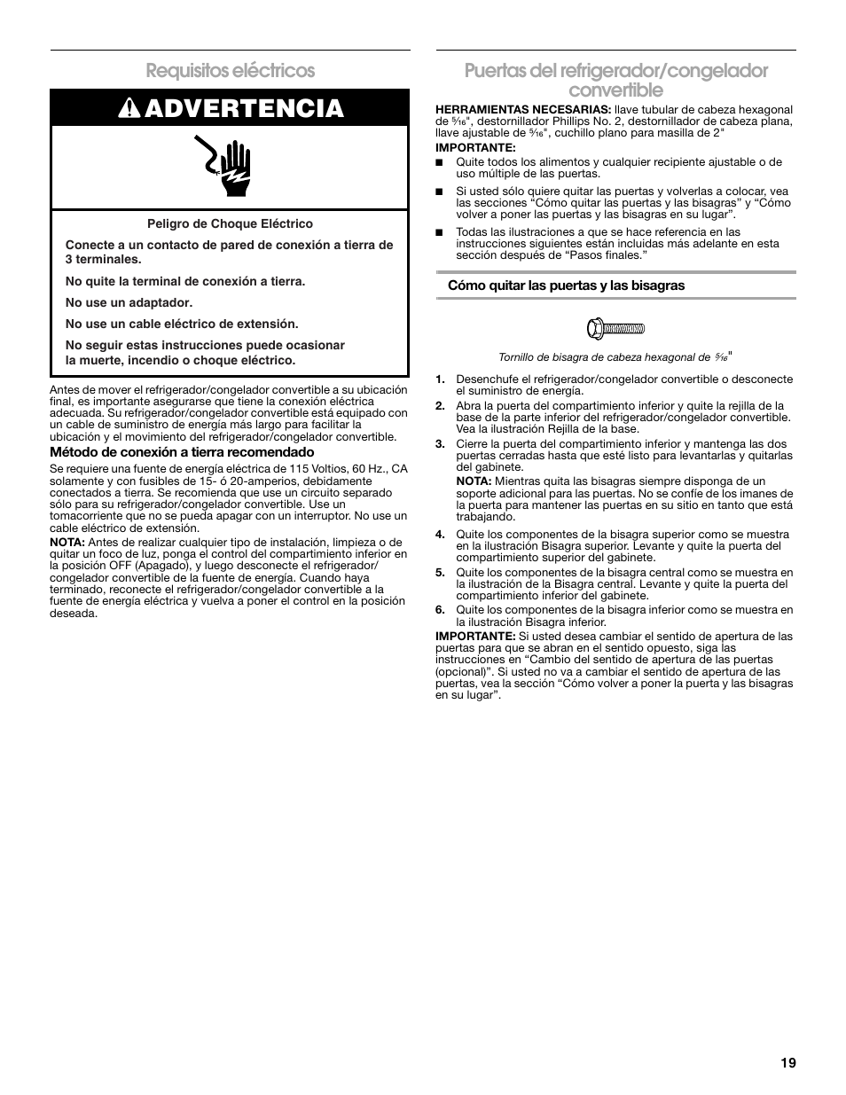 Advertencia, Requisitos eléctricos, Puertas del refrigerador/congelador convertible | Whirlpool ator 2314466 User Manual | Page 19 / 48