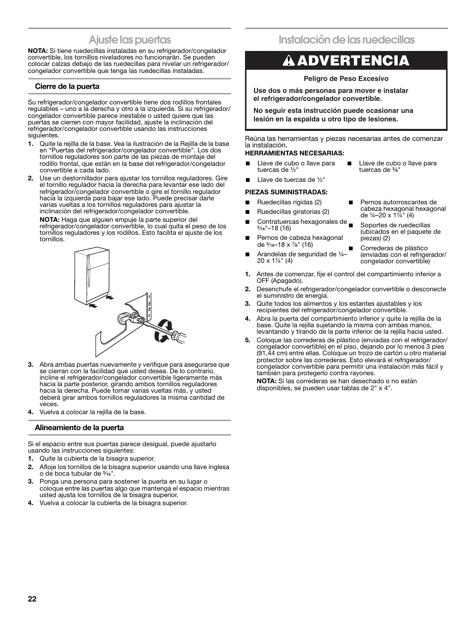 Advertencia, Ajuste las puertas, Instalación de las ruedecillas | Whirlpool ator 2314466 User Manual | Page 22 / 48