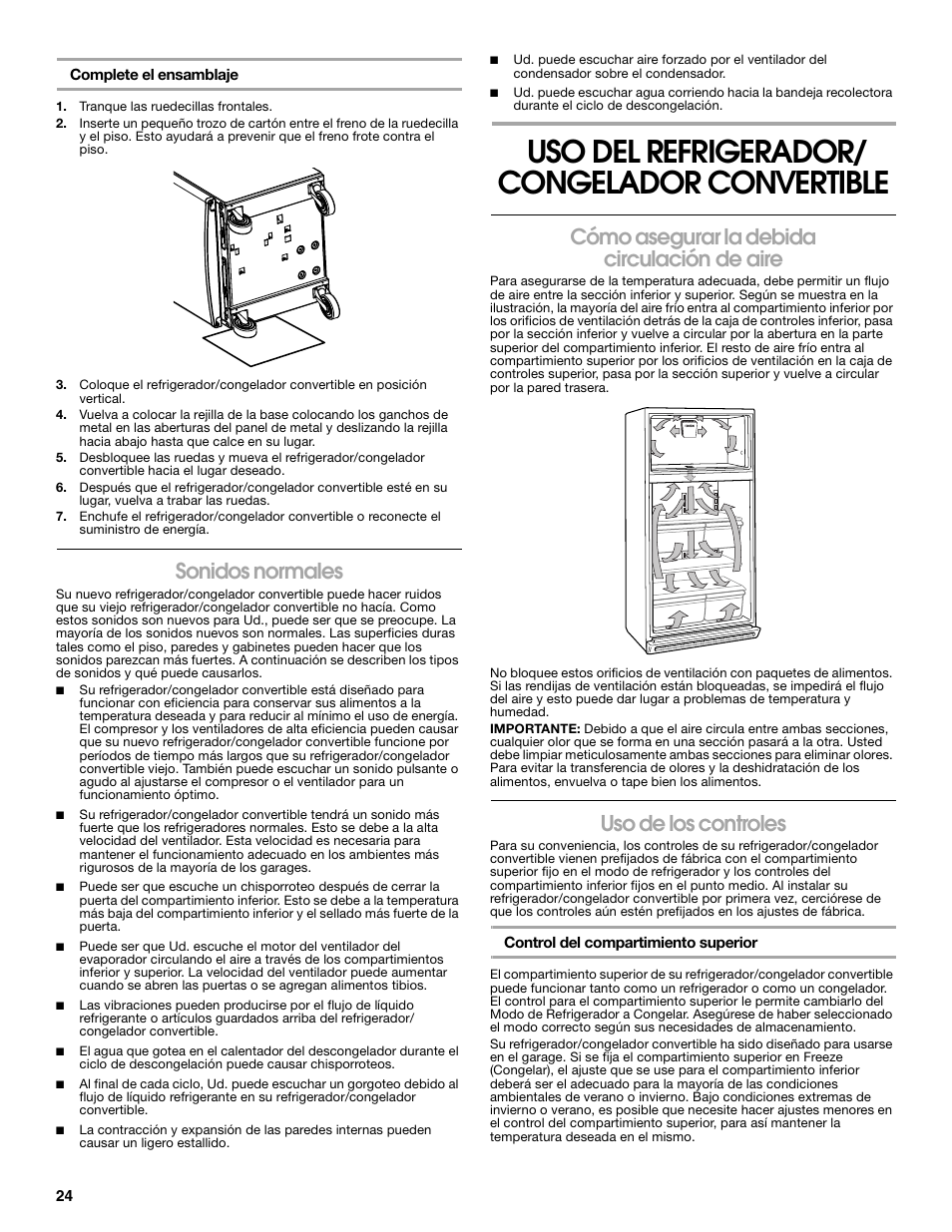 Uso del refrigerador/ congelador convertible, Sonidos normales, Cómo asegurar la debida circulación de aire | Uso de los controles | Whirlpool ator 2314466 User Manual | Page 24 / 48