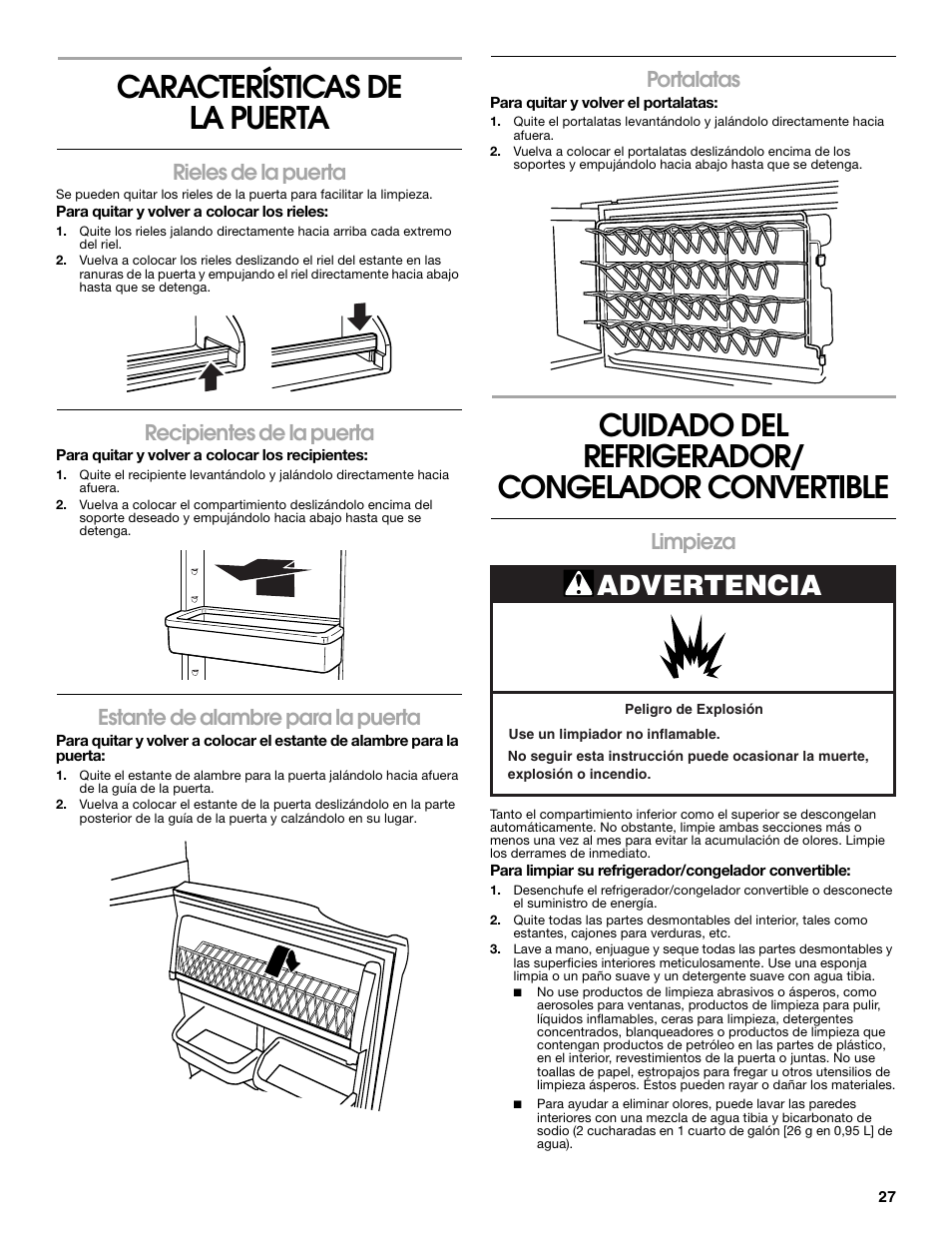 Características de la puerta, Cuidado del refrigerador/ congelador convertible, Advertencia | Rieles de la puerta, Recipientes de la puerta, Estante de alambre para la puerta, Portalatas, Limpieza | Whirlpool ator 2314466 User Manual | Page 27 / 48