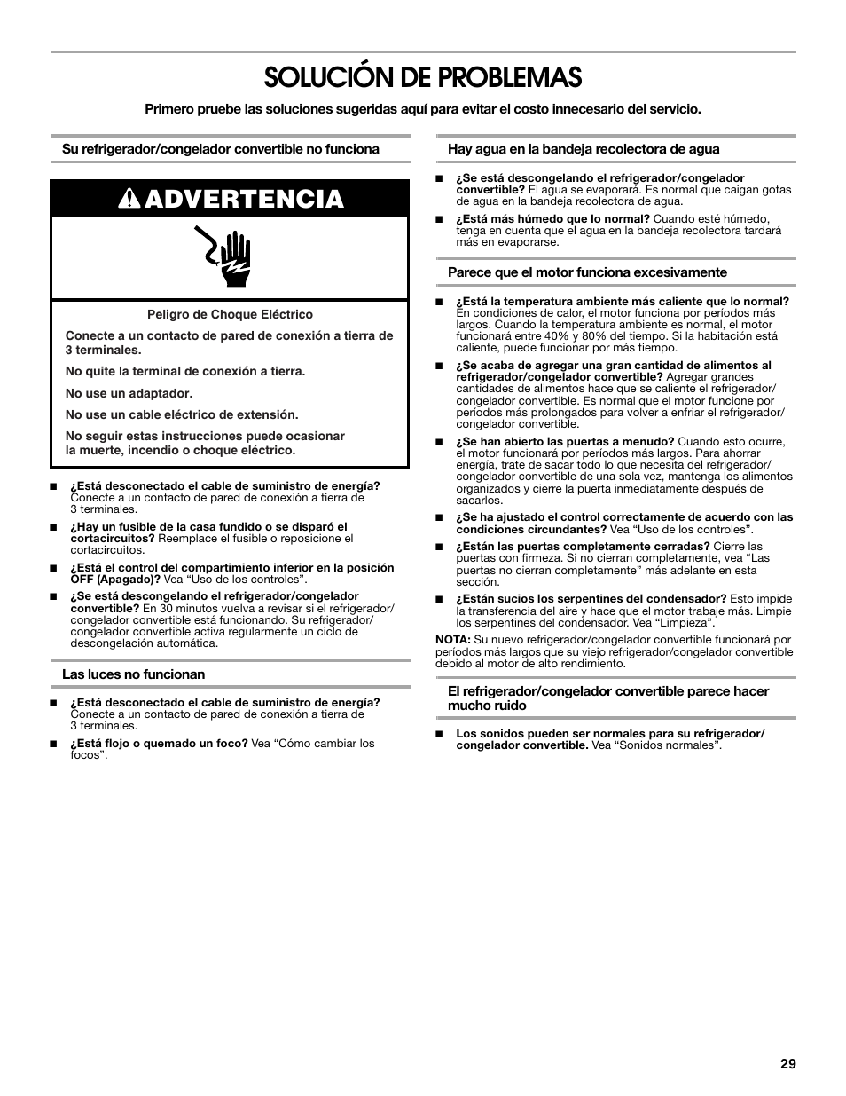 Solución de problemas, Advertencia | Whirlpool ator 2314466 User Manual | Page 29 / 48